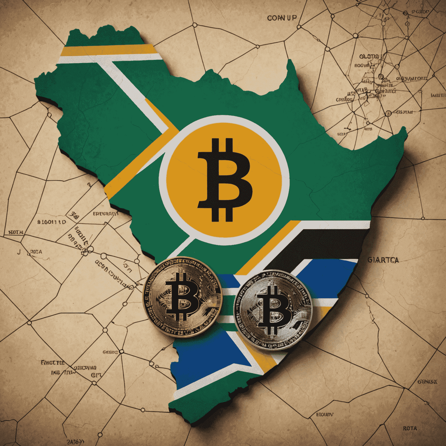 A visual representation of the potential impact of cryptocurrencies like Coin1 on the South African economy, depicting a map of South Africa with digital currency symbols overlaid.