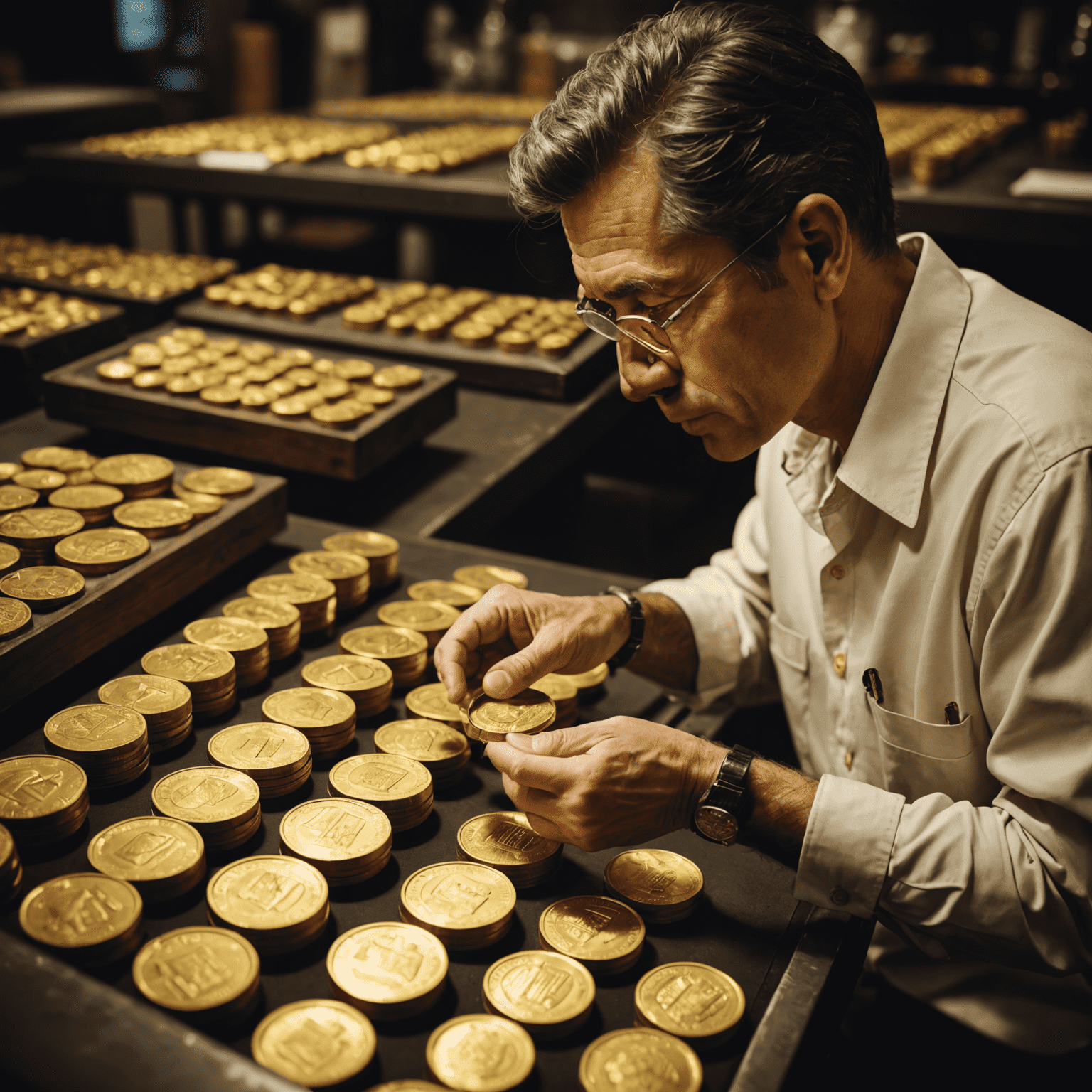 A Coin1 expert examining gold coins and bars, showcasing the company's expertise in gold investments