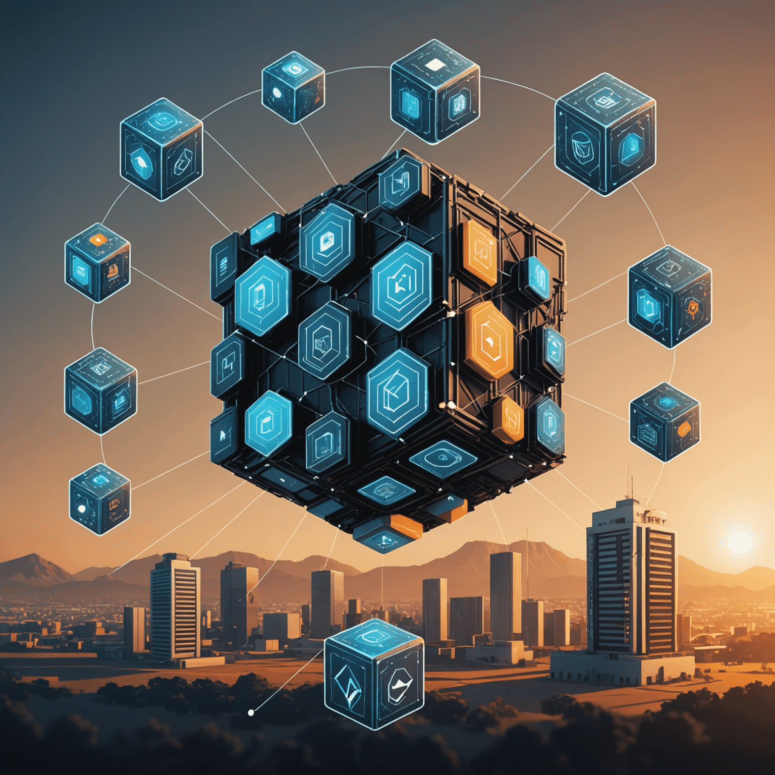 A conceptual illustration of blockchain technology transforming various industries in South Africa, with interconnected blocks and industry icons.